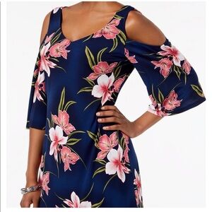 Navy and Pink Tropical Flower Cold Shoulder Dress - SZ 10